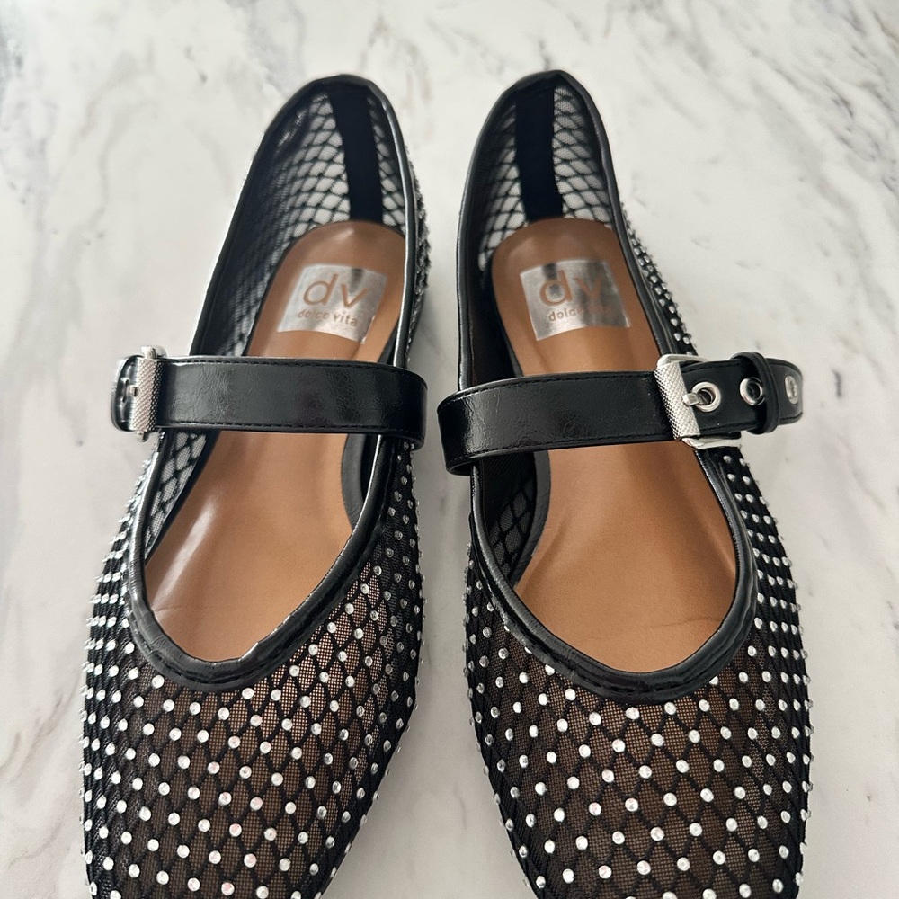 DV by Dolce Vita Black and Studded Mesh Mary Jane Flats
